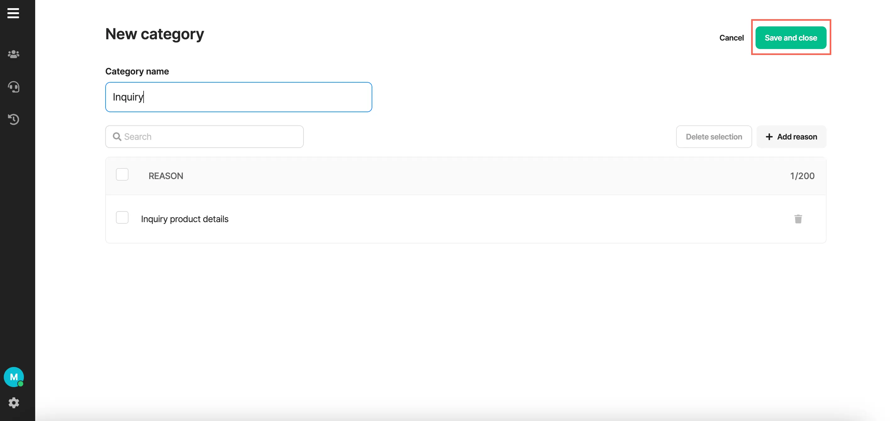 Type category name and select “Save and close”